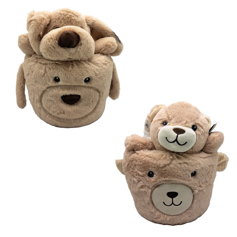 Pile da 90 x 75 cm con cesto decorato e peluche orso o cane assortiti, perfetti come regalo per bambini
